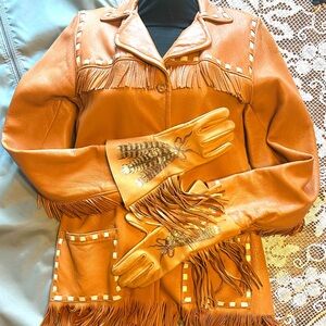 Vintage 1950 Mid-Western Sports Togs Deerskin Fringe Jacket 34 Belt Geier Gloves